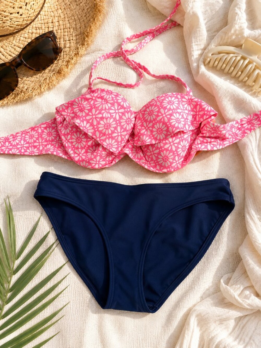 Aerie Floral Bikini Top 34C + Navy Bikini Bottoms Size M Swim Set